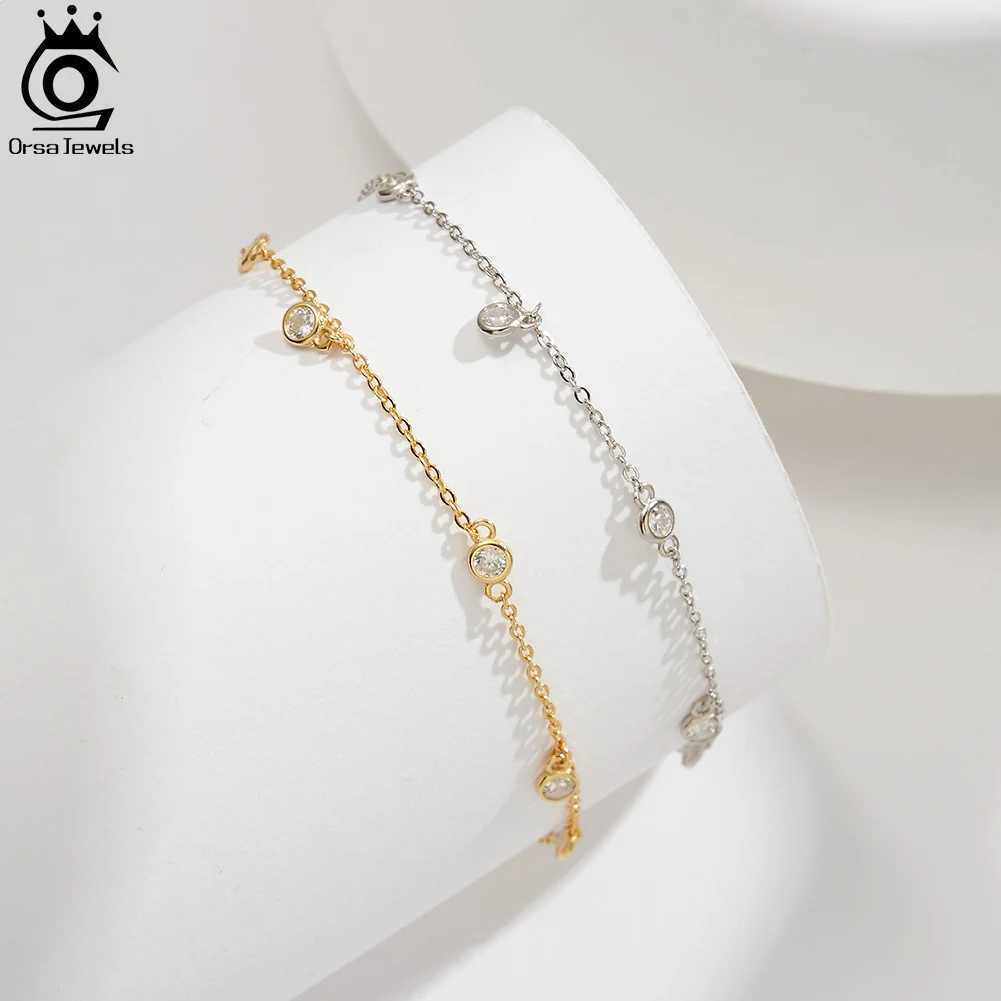 ORSA JEWELS 14K Gold 925 Sterling Silver Brilliant Zircon Stone Anklet for Wen Adjustable Summer Foot Chains Jewelry SA70 X250125