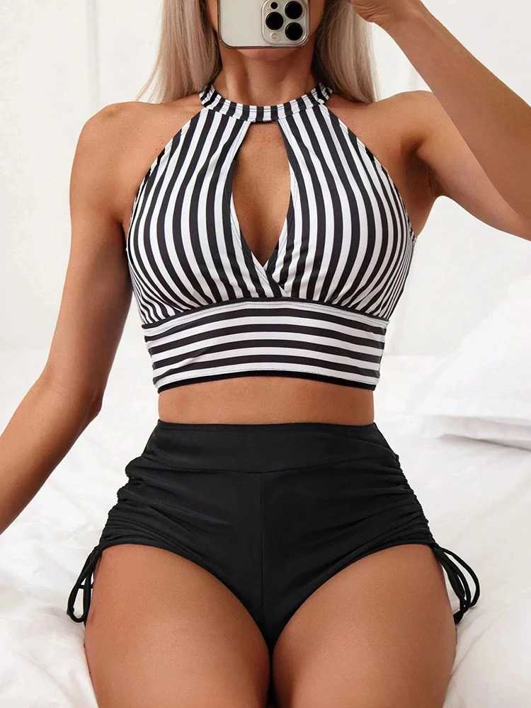 OIINAA Bathing Suit Women Sexy Striped Swimsuit Halter Drstring Bikini Set Hollow Out Two-piece Beach Wear Biquini 2024 SummerXJ250120