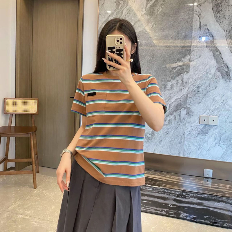 2025 Spring and Summer New Men and Women The Same Contrasting Color Striped Round Neck T -shirt Alphabet Couple Short Sleeves