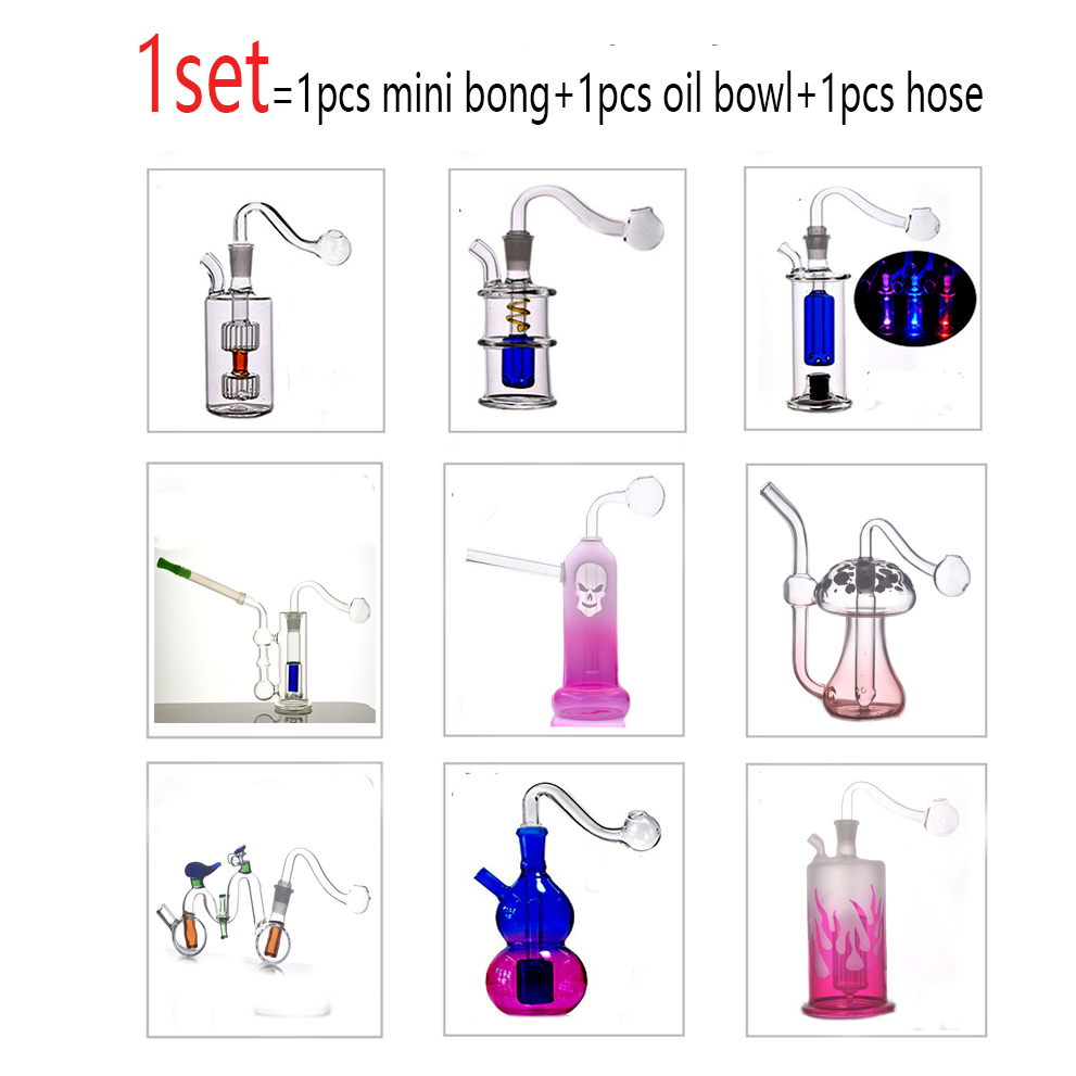 2pcs Glass Oil Burner Hookahs led light Perc Percolator Bubbler Handle Water Pipe Smoking Pipes Dab Rig Shisha ash catcher with 10mm male glass pipes