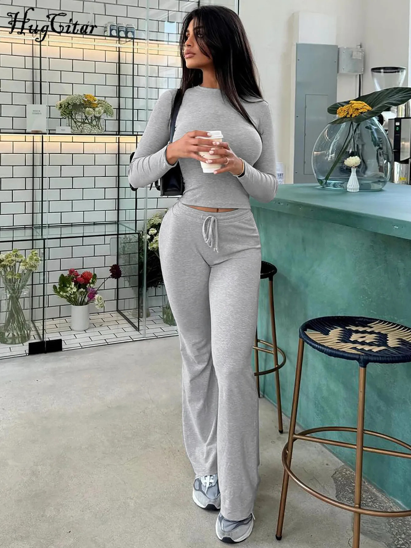Hugcitar Women Casual 2 Pcs Sets Solid Long Sleeve Slim Crop T-Shirt Bandage Flare Pants Fall Y2K Outfits Streetwear Work Out 250110