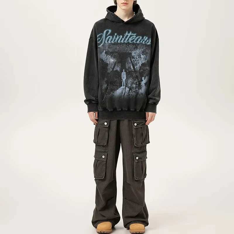 2024 Autumn Winter High Quality Oversized Hoodie Men Women Vintage Washed Black Blue Saint Tears Pullovers Graphics Print Hooded X250125