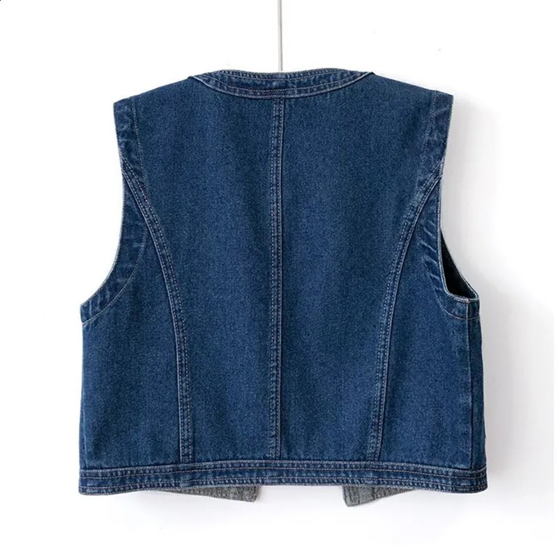 Vintage Blue Denim Vest Women Spring Summer Short Casual O Neck Big Pocket Cowboy Waistcoat Sleeveless Jeans Jacket Female 250122