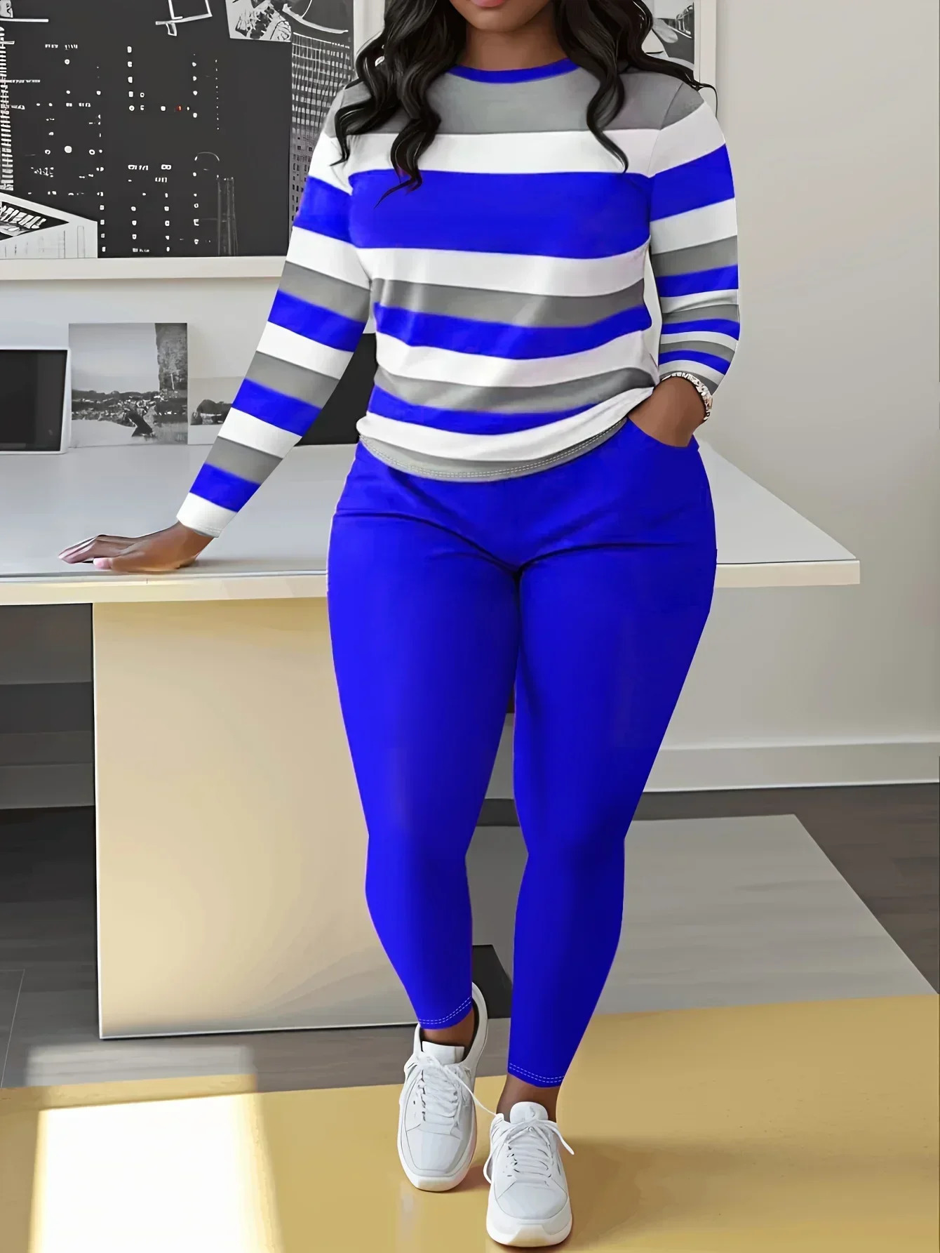 Plus Size Two Piece Sets Colorblock Casual ONeck Long Sleeve Top and Pants Set Womens Clothing Matching y250122