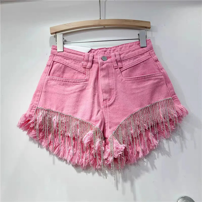 Summer pink denim shorts womens heavy industry rhinestone n sense high waist and thin fried street A-shaped pants 250122