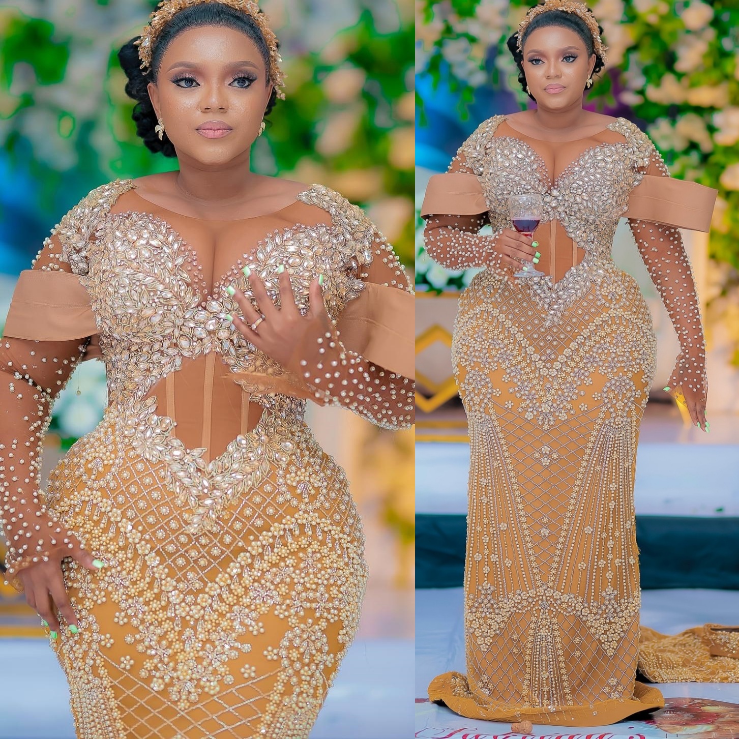 Aso Ebi Gold Mermaid Prom Dresses 2025 Illusion Crystals Lace Beaded Evening Formal Party Second Birthday Engagement Gowns Plus Size Dress For Special