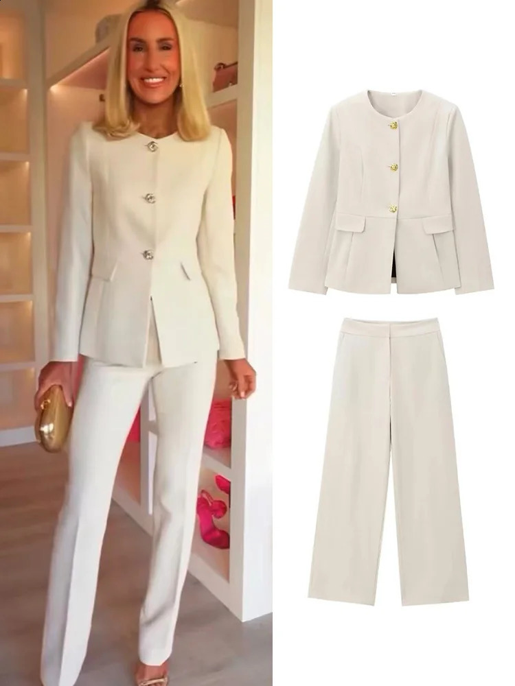 TRAF Fashion Beige Women Pant Suit Set Office Ladies Business Work Wear Single Breasted Blazer Jacket Chic Straight Leg Pants 250114Z