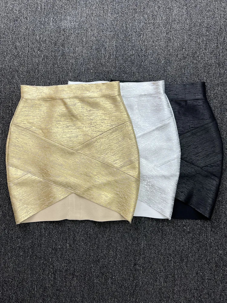 40CM Mini Short Elastic Bronzing Bandage Skirt Women Sexy Bodycon Asymmetric Pencil Skirts High Street Going Out Club Party 250117