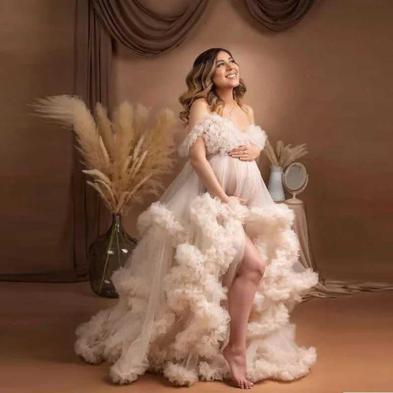 Fluffy ruffled chiffon for Photosoot dresses maternity dresses baby shower dresses bridal lingerie robes para embedazadas W250113