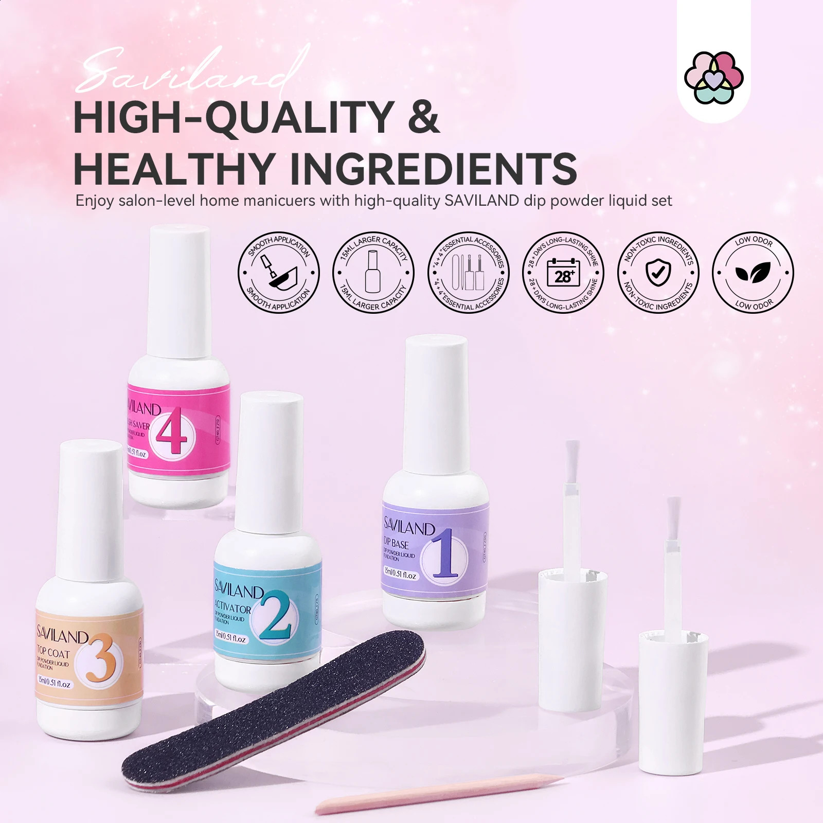 SAVILAND 15ml Dipping Powder System Liquid Set Base Top Coat Activator Brush Nail Art Natural Dry Without Lamp Cure Dip Powder 250115