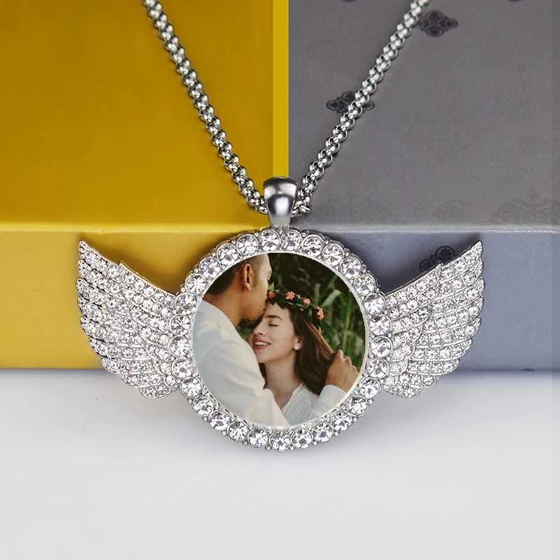 Custom Couple Photo Angel Wings Pendant with Long Chain Rhinestone Necklace Personalized Glass Dome Image Valentines Day GiftXJ250121