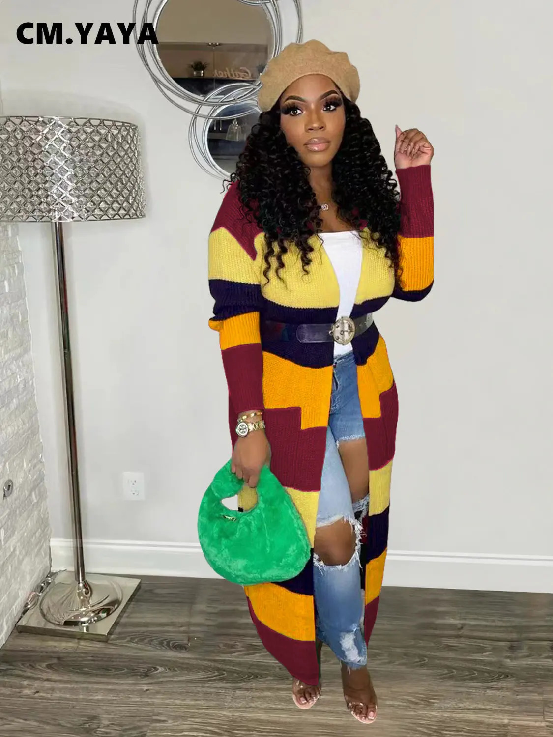 CM.YAYA Elegant Women Rainbow Striped Long Sleeve Open Stitch Sweater Cardigan Autumn Winter Street INS Oversized Jumper Sweater 250118