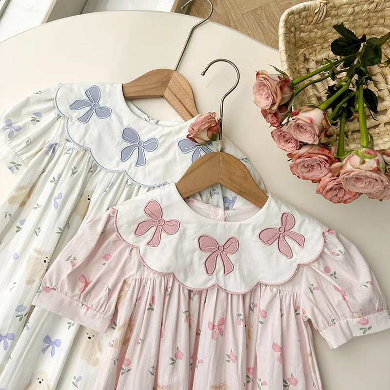Girls Dress Childrens Clothing Bow Embroidered Flower Collar Girls Dress Summer Cartoon Printed Short Sleeved Princess Dress 250120