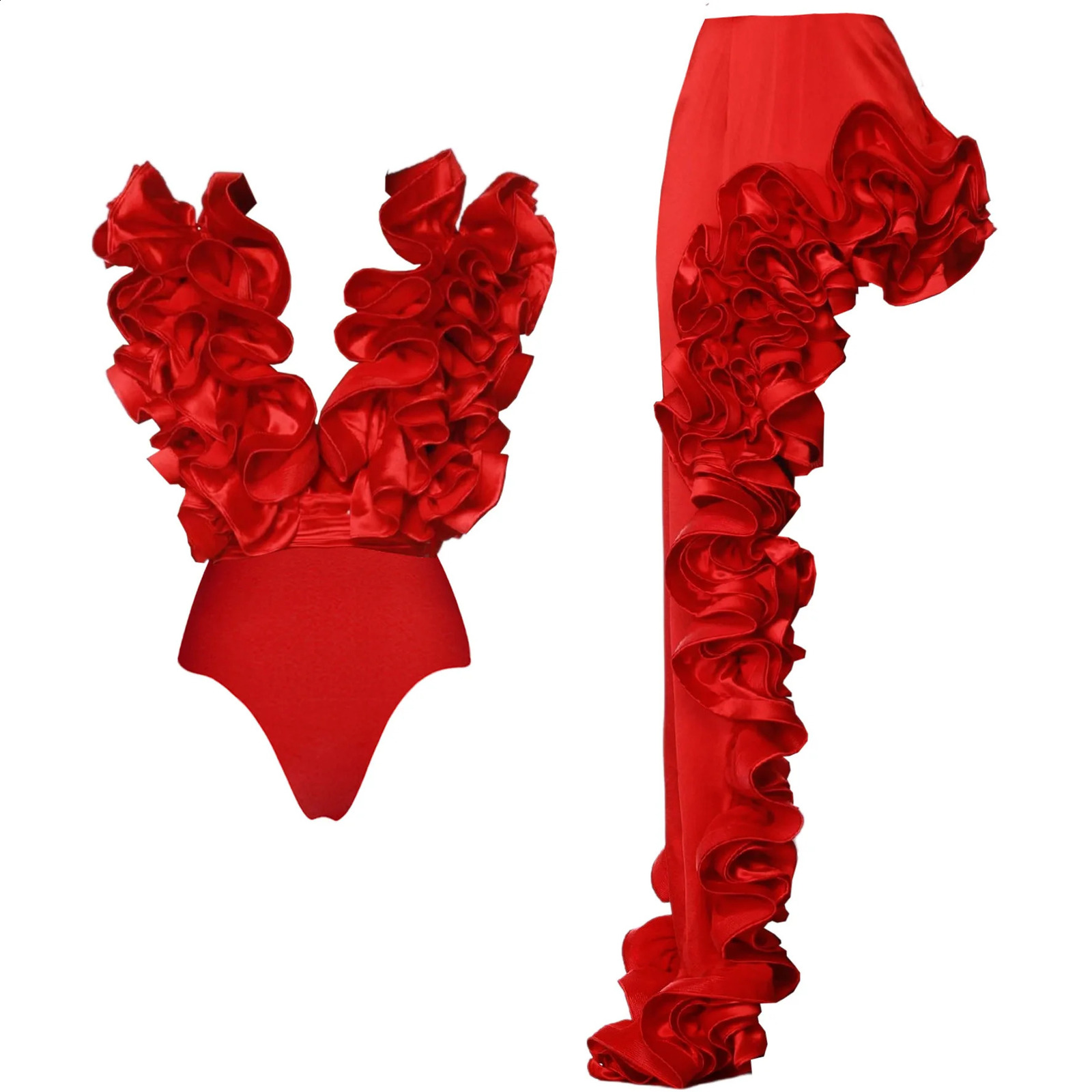 2025 Solid Red Flower One Piece Swimsuit Women Swimwear Sexy Swim Suit Deep V Monokini Off Shoulder Bodysuit Bathingsuit 250113