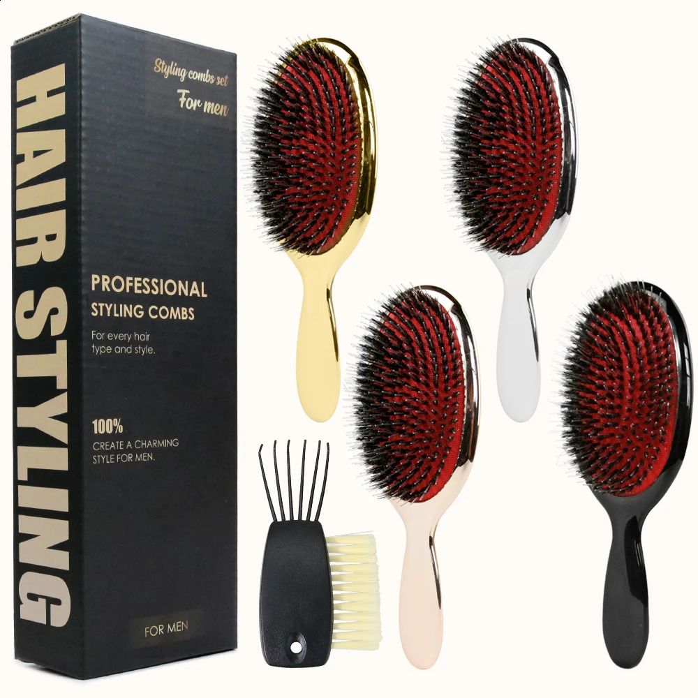 Color Boar Bristle Paddle Hair Brush Anti Static Hair Comb Hairdressing Massage Comb set with Cleaning comb accessory 250120