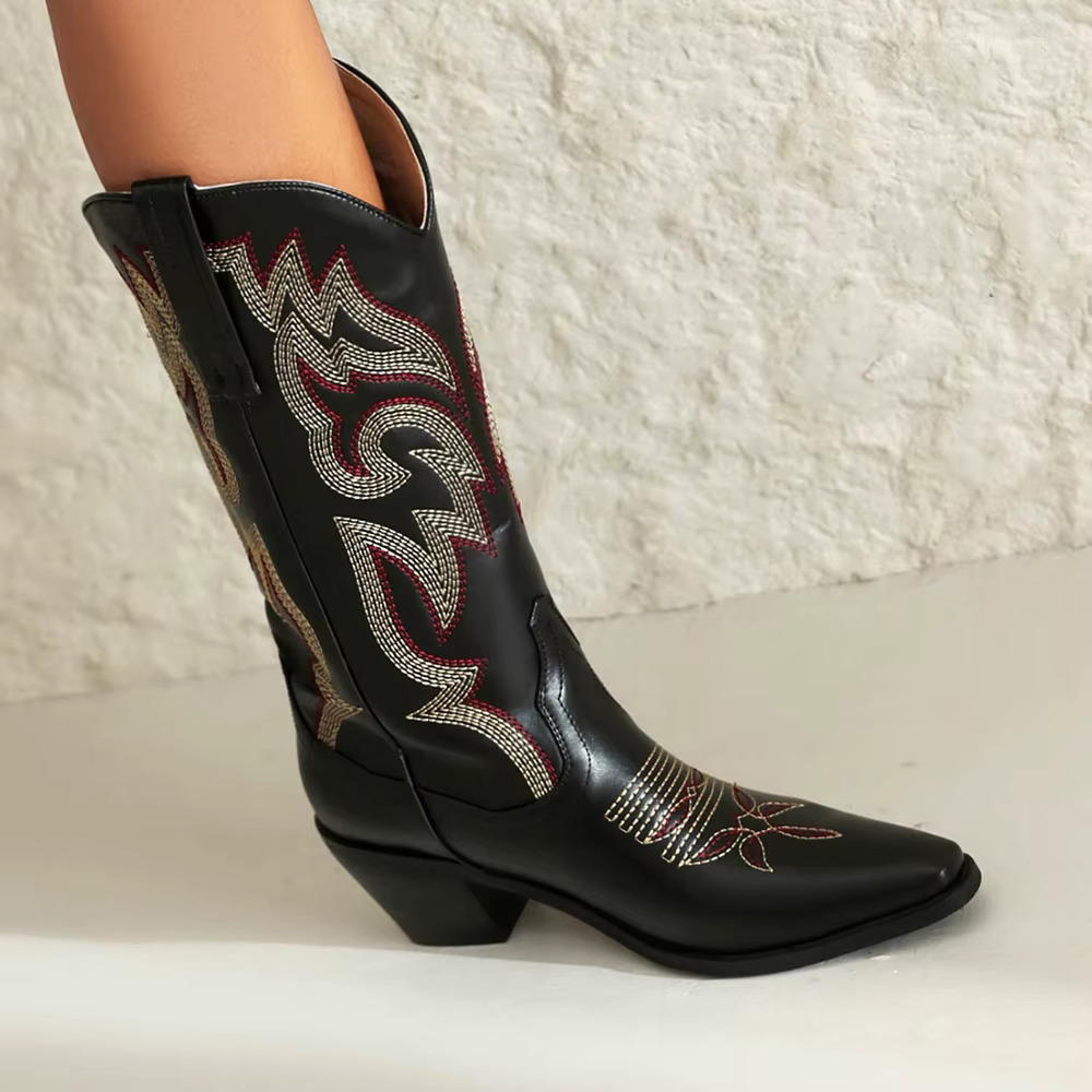 Pink Cowboy Cowgirl Woman Boots For Women 2023 Retro Western Embroidered Pointed Toe Heeled Mid Calutumn Trendy Boot Shoes