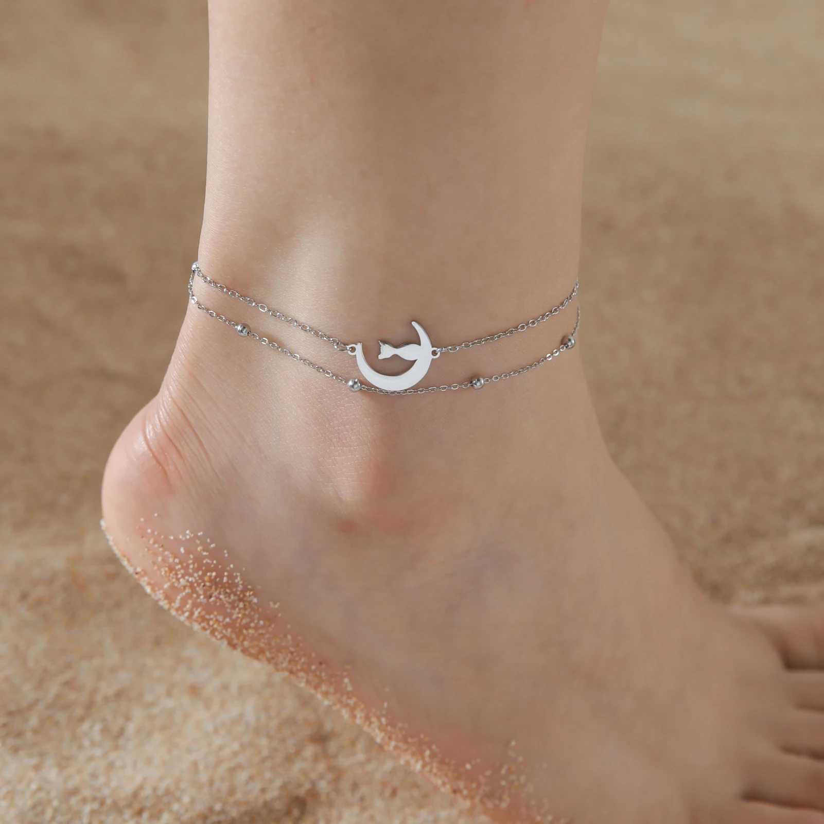 Cazador Animal Cat Dog P Anklets for Women Stainl Steel Double Layer Beads Foot Bracelet on the Leg Summer beach JewelryXJ250121