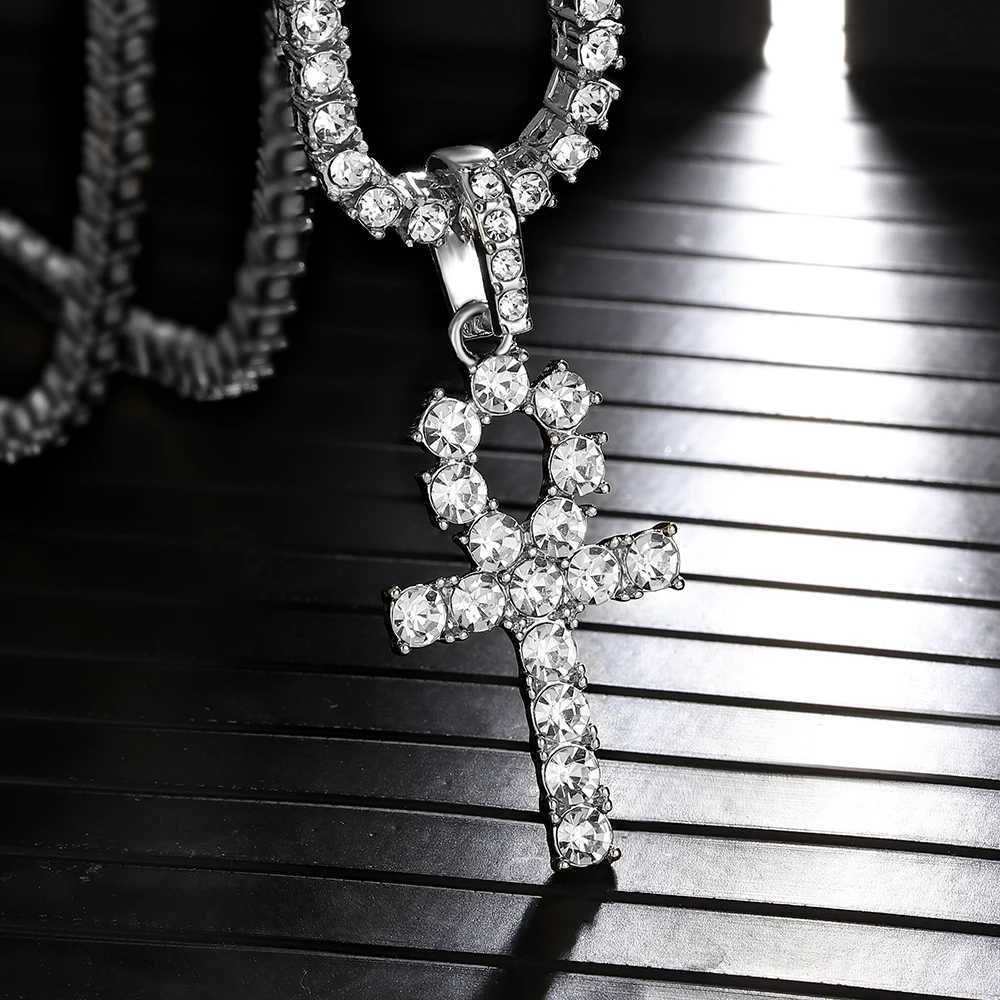 Iced Out Ankh Cross Pendant With 4mm Tennis Chain Necklace Good Luck Sparkling Hip Hop Creative Jewelry for Men Women GiftXJ250121