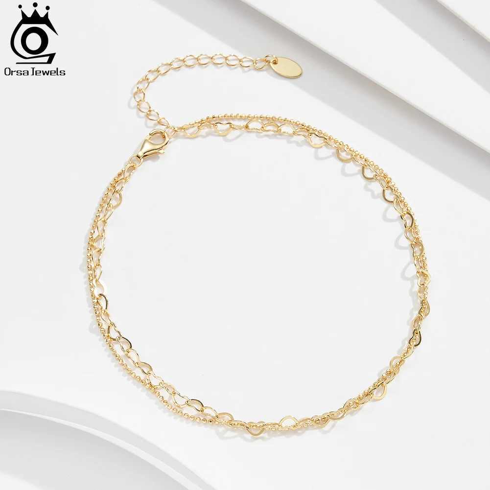 ORSA JEWELS 14K Gold Double Layer Chain Anklet Adjustable Summer 925 Silver Bead Ball Chain Anklets for Wen Jewelry SA66 X250125