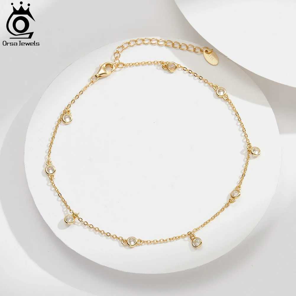 ORSA JEWELS 14K Gold 925 Sterling Silver Brilliant Zircon Stone Anklet for Wen Adjustable Summer Foot Chains Jewelry SA70 X250125