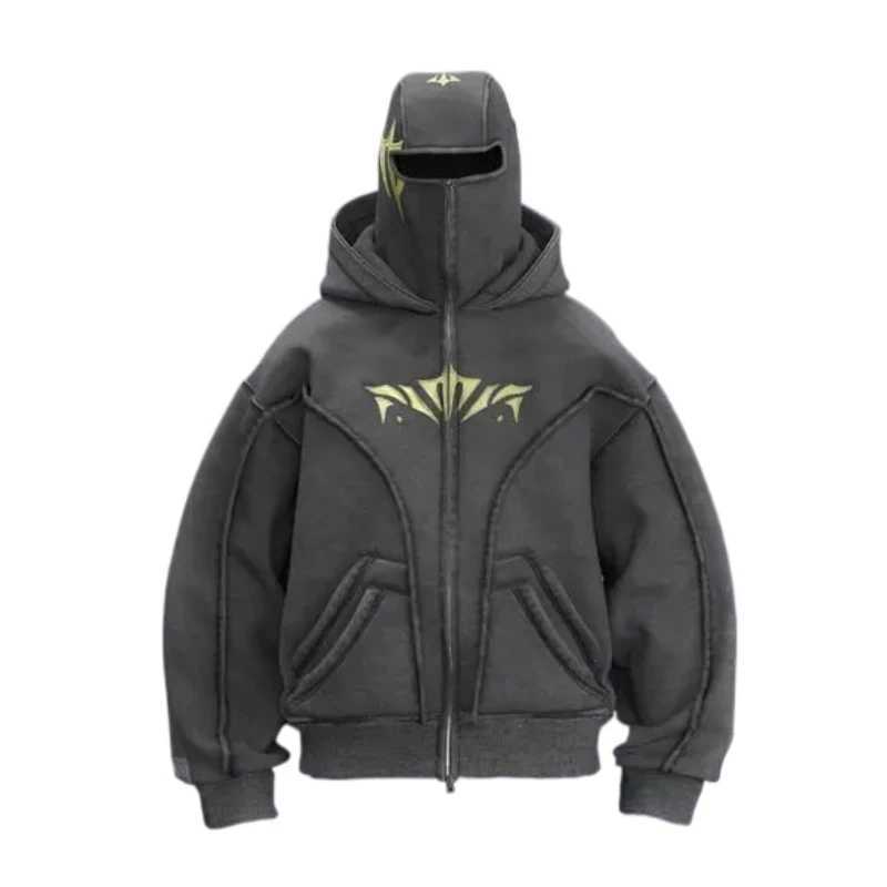 Y2K Ninja Harajuku Zipper Hoodie Hot Double Layer Cold Jacket Fashionable Embroidered Pattern French Casual Gothic Mens Top X250125