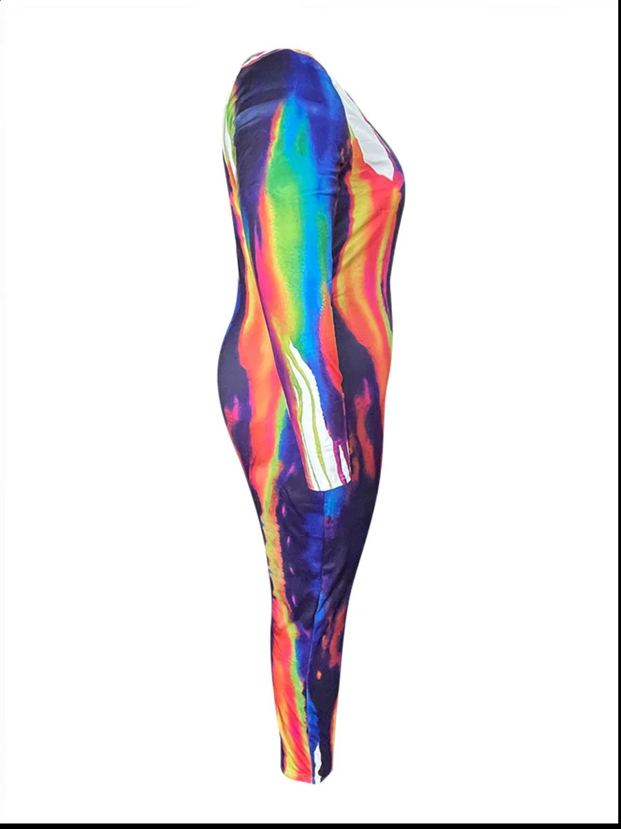 LW Plus Size SXY Pattern Print Jumpsuit 2024 Women One Piece Outfit Square Collar Tie Dye Long Sleeve Strip Long Romper Suits 250113