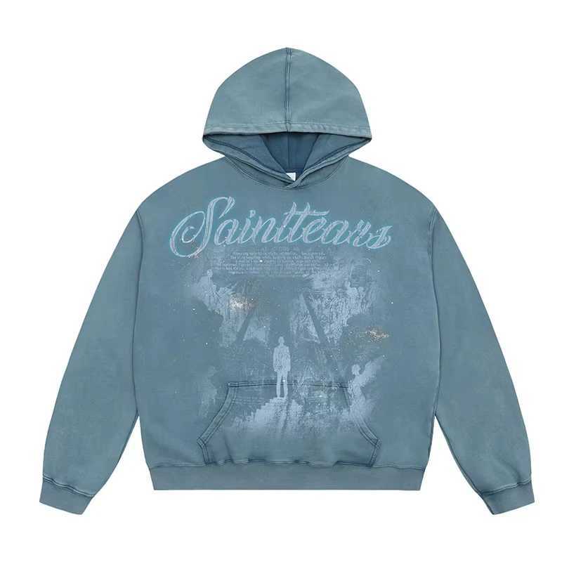 2024 Autumn Winter High Quality Oversized Hoodie Men Women Vintage Washed Black Blue Saint Tears Pullovers Graphics Print Hooded X250125