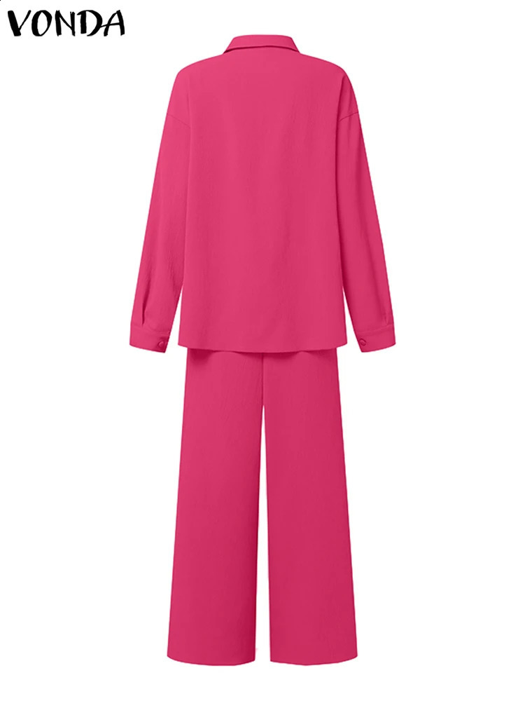 VONDA Plus size 5XL womens set 2024 European style matching casual collar twopiece elegant top and wide leg pants 250122