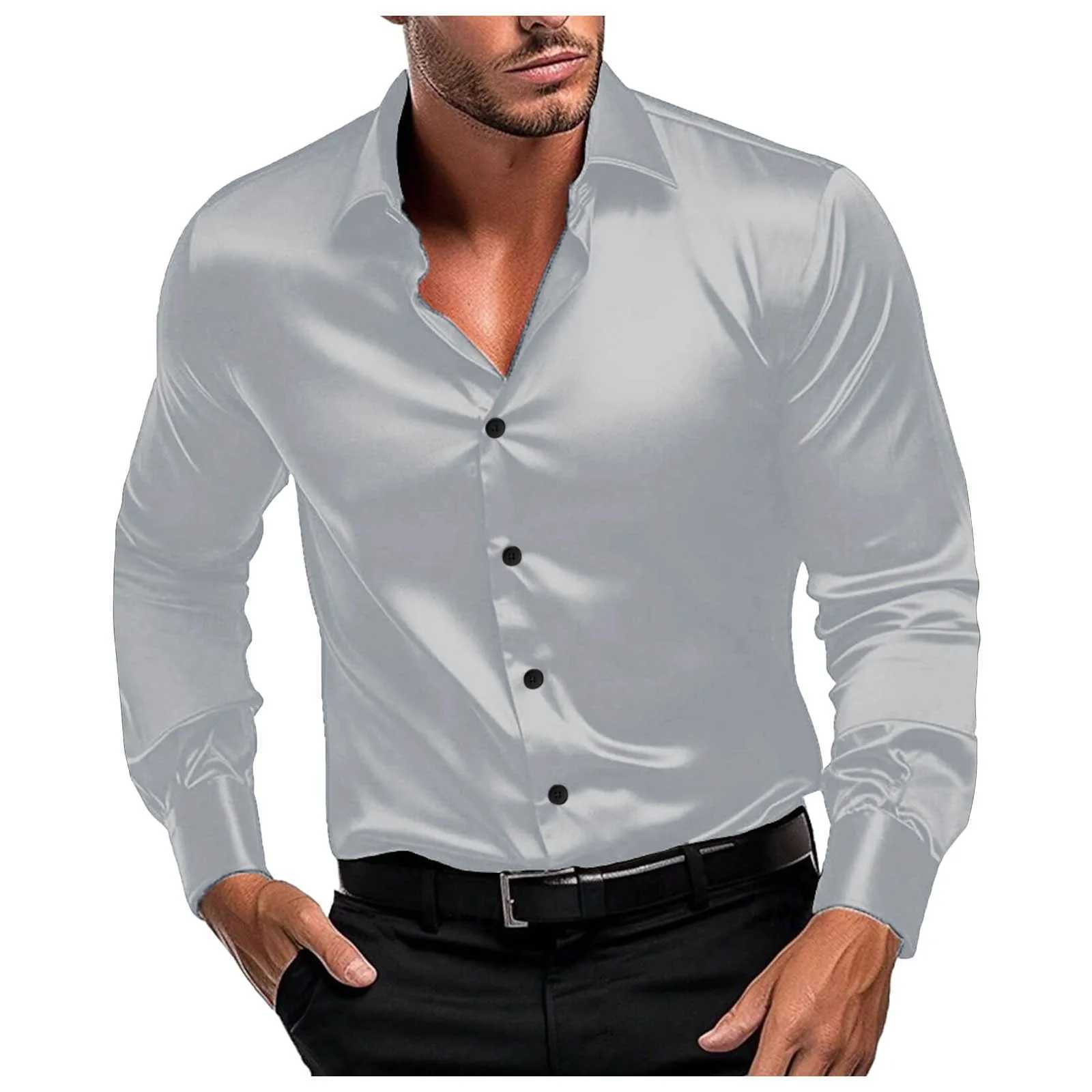 Satin Silk Men Dress Shirts Wrinkle Formal Wedding Prom Long Sleeve Slim Fit Button Down Shirt Top Social Handsome Shirt MensXJ250121