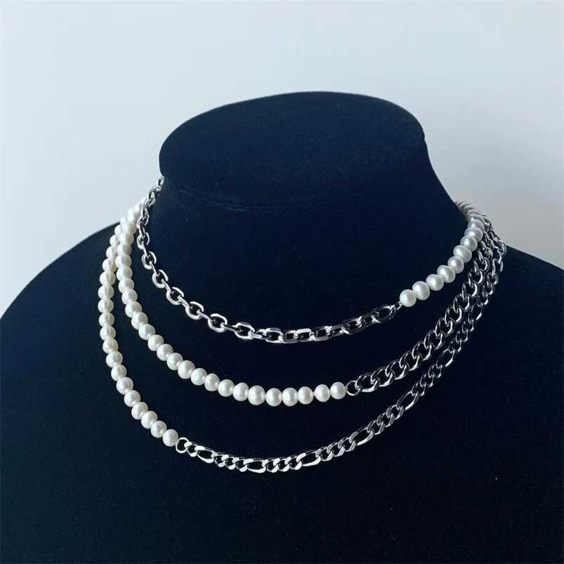 Hip Hop Half Pearl Half Cuban Chain Necklace for Men Women Collar Choker Punk Chokers 316L Stainless Steel Jewelry AccessoriesXJ250121