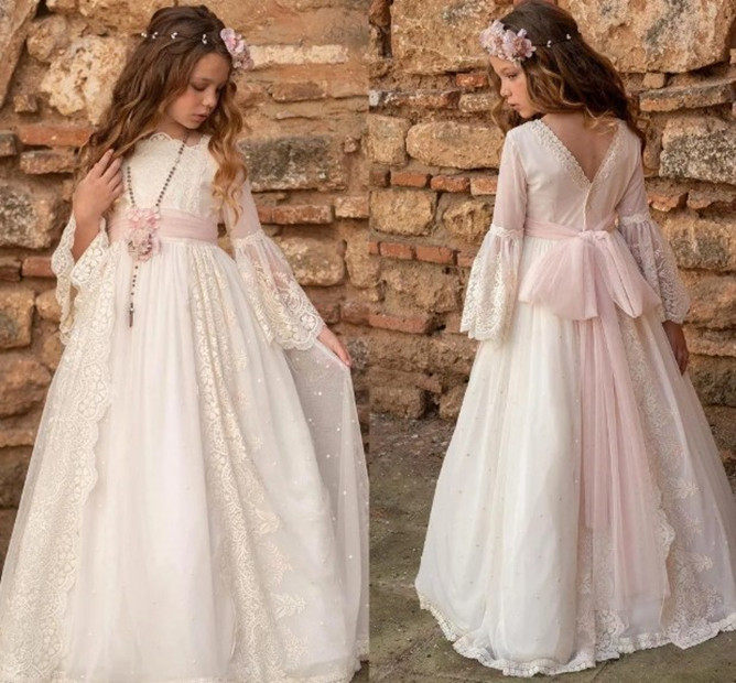 Vintage Long Sleeve Bohemain Flower Girl Dresses A Line Appliques With Sash Long Kids Formal Occasion Birthday First Communion Pageant Gowns BC18610 0