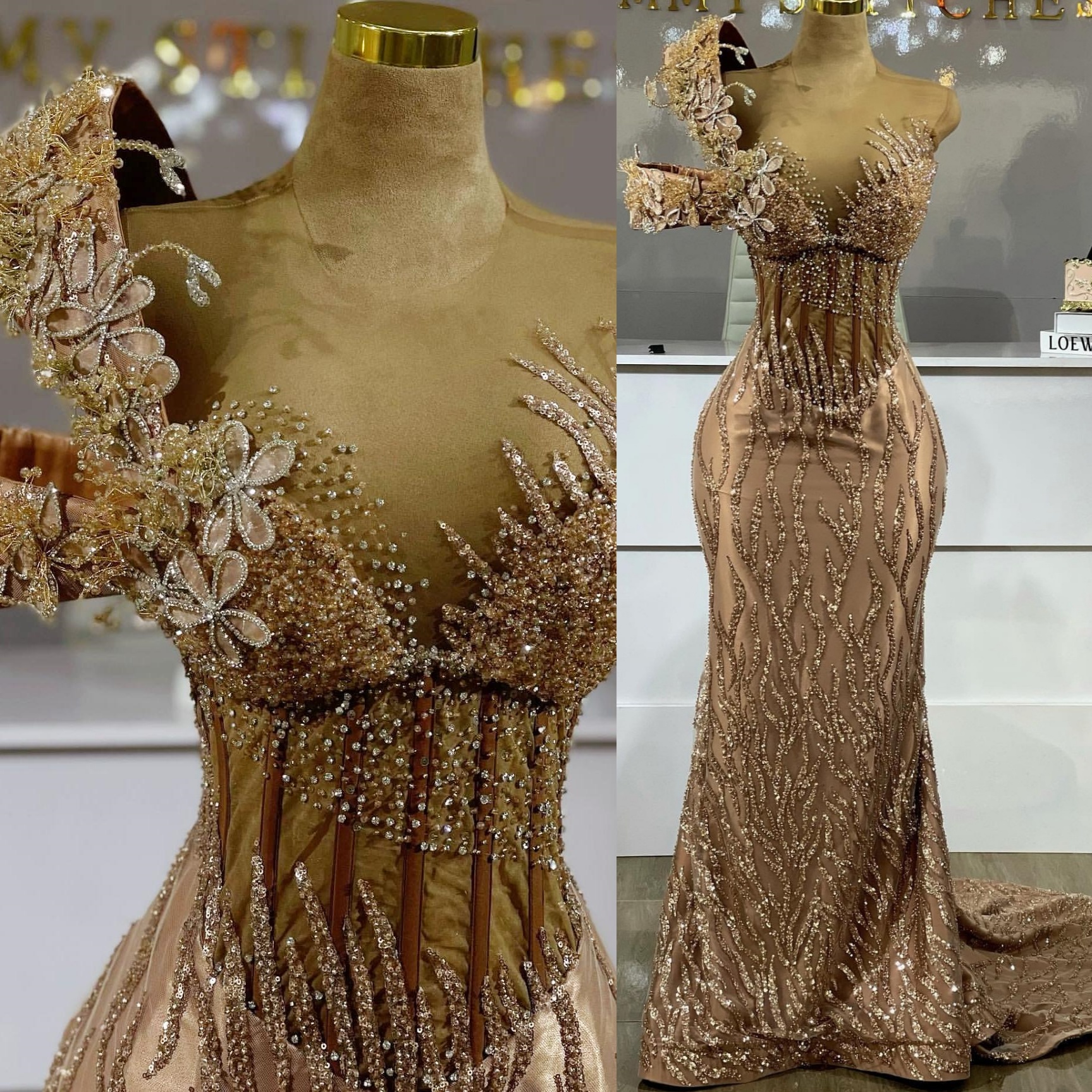 Aso Ebi Champagne Mermaid Prom Dresses 2025 Illusion Florals Crystals Evening Formal Party Second Birthday Engagement Gowns Plus Size Dress For Specia