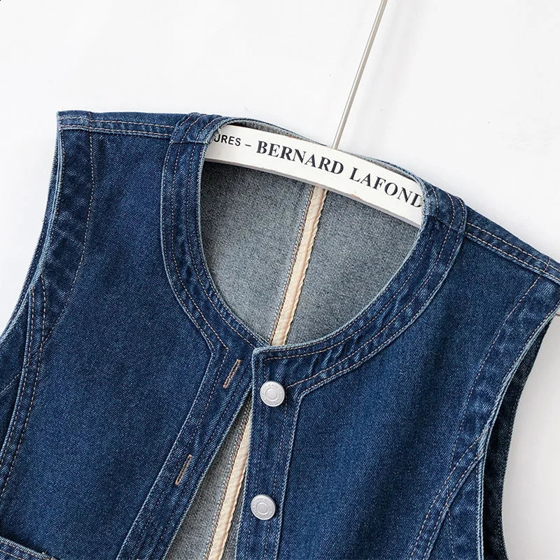 Vintage Blue Denim Vest Women Spring Summer Short Casual O Neck Big Pocket Cowboy Waistcoat Sleeveless Jeans Jacket Female 250122