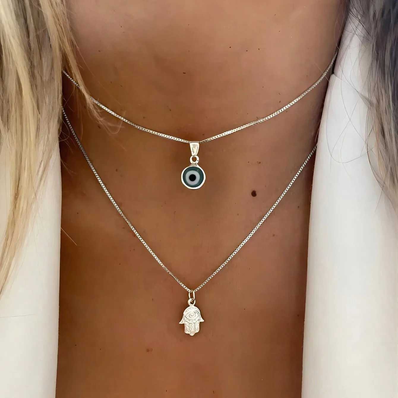 2 Pcs Double Layer Palm Evil Eye Clavicle Chains Necklace for Women Classic Fashion Turkish Lucky Blue Eye Choker Jewelry GiftsXJ250121