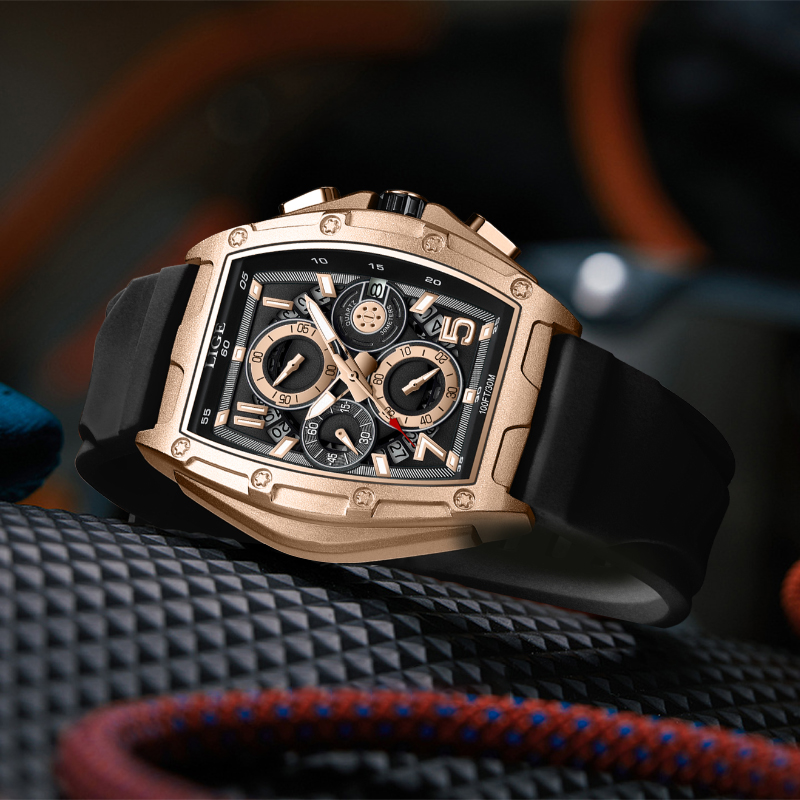 LIGE new men's quartz watch multifunctional waterproof calendar watch sports wine barrel shaped hollow watch