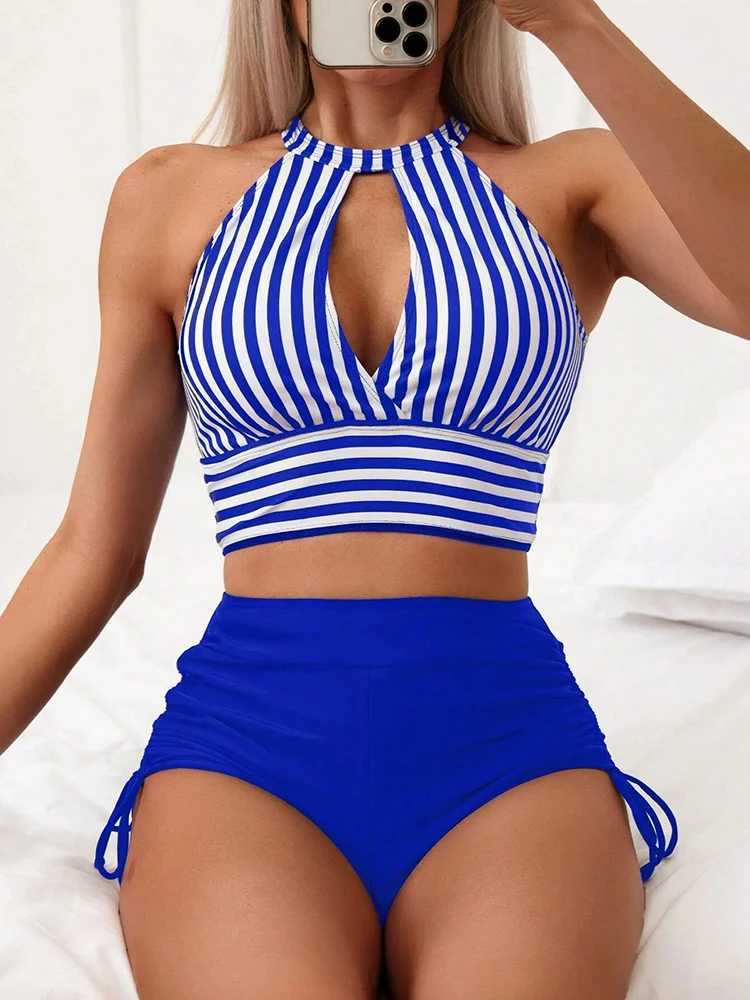 OIINAA Bathing Suit Women Sexy Striped Swimsuit Halter Drstring Bikini Set Hollow Out Two-piece Beach Wear Biquini 2024 SummerXJ250120