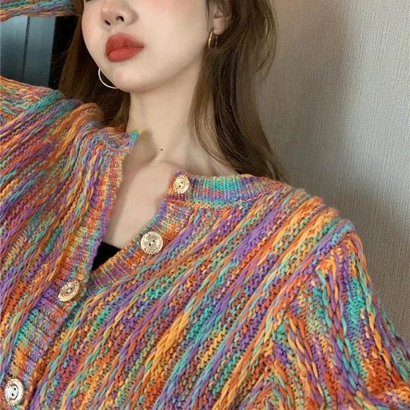 Hdspq Rainbow Color Cardigan with Buttons Autumn Winter Korean Fashion Long Sleeve Knit Cardigan Women Loose Sweaters 250118