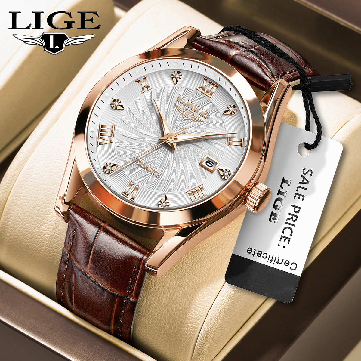 LIGE's new minimalist men's waterproof calendar, night light multifunctional quartz leather strap watch, holiday gift