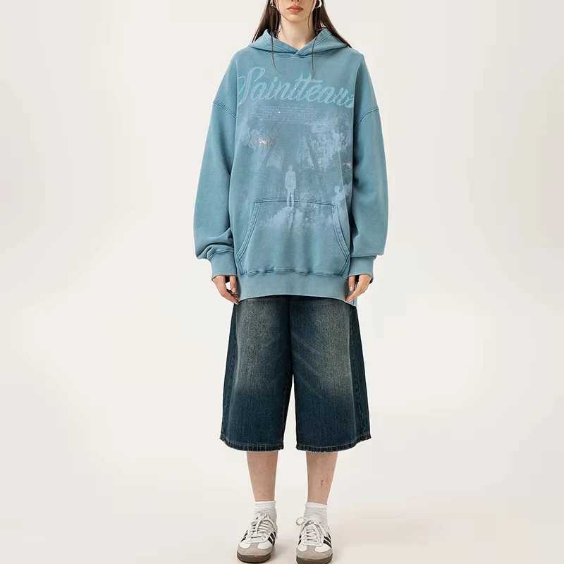 2024 Autumn Winter High Quality Oversized Hoodie Men Women Vintage Washed Black Blue Saint Tears Pullovers Graphics Print Hooded X250125