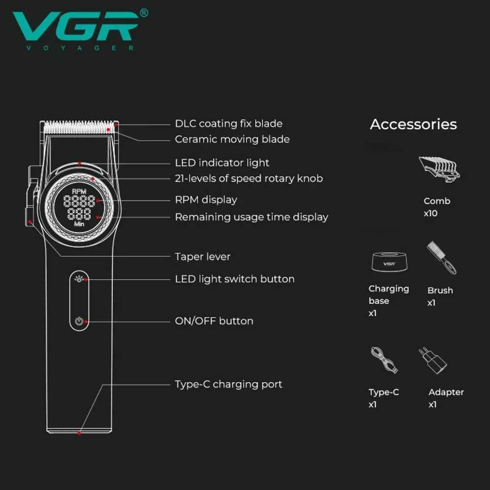 VGR Hair Trimmers Professional Hair Clippers 9000 RPM Mane Brushless Motor Metal Hair Trimmers Electric Trimmer for Men V-001W250117