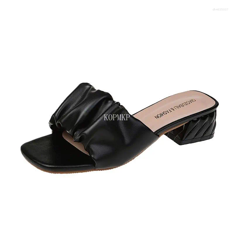 Sandals Summer Fashion High Heel Shoes Mules Women Square Head Slip On Flip ps Slipper 3.5CM Sandal Women's Shoe Solid Slide hurenlakeshoes