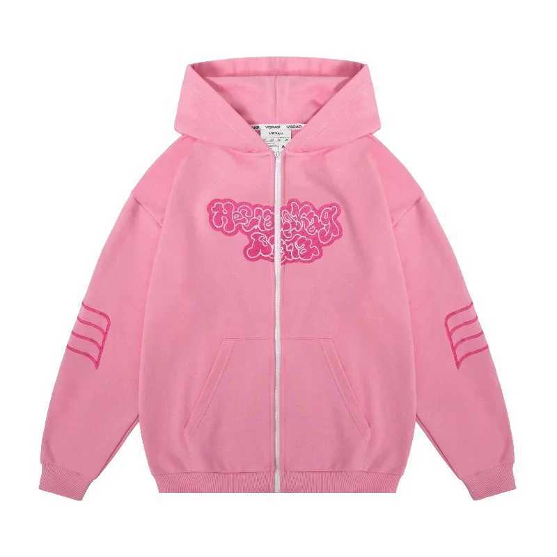 Kussia88 Y2K Zipper Hoodie Mens Fashion Art Embroidery Sportswear Fashion Harajuku Pink Oversized Street Clothing Unisex Clothing X250125