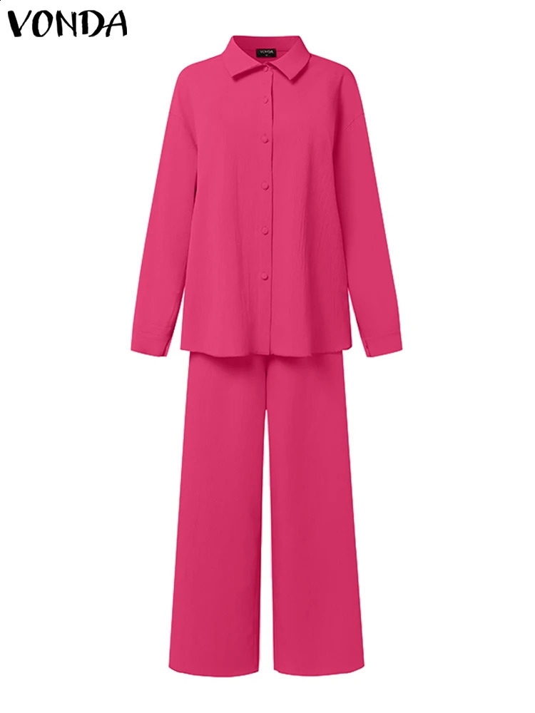 VONDA Plus size 5XL womens set 2024 European style matching casual collar twopiece elegant top and wide leg pants 250122