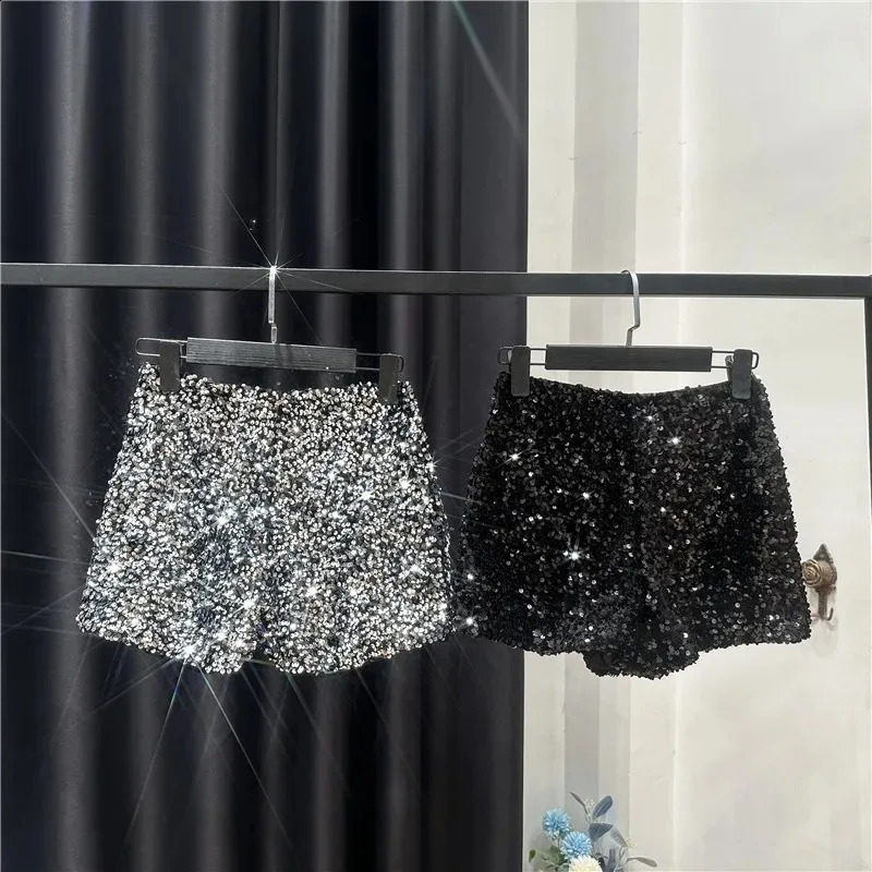 Autumn Black Velvet Shorts Women Sequined Shiny Versatile Short Pants Clubwear Shorts Pants High Street 250122