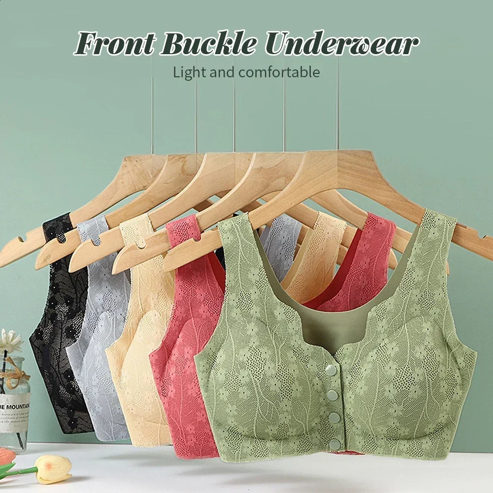 Middle aged and elderly mothers front button bra lace seamless breathable no steel ring ice silk sexy party 250122