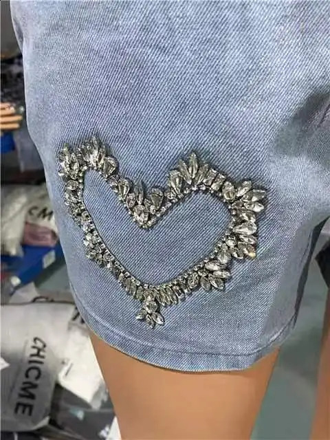 Y2K Womens Denim Shorts Summer Daily Fashion Rhinestone Pocket n Casual Above Knee Mini Denim Shorts Streetwear 250122