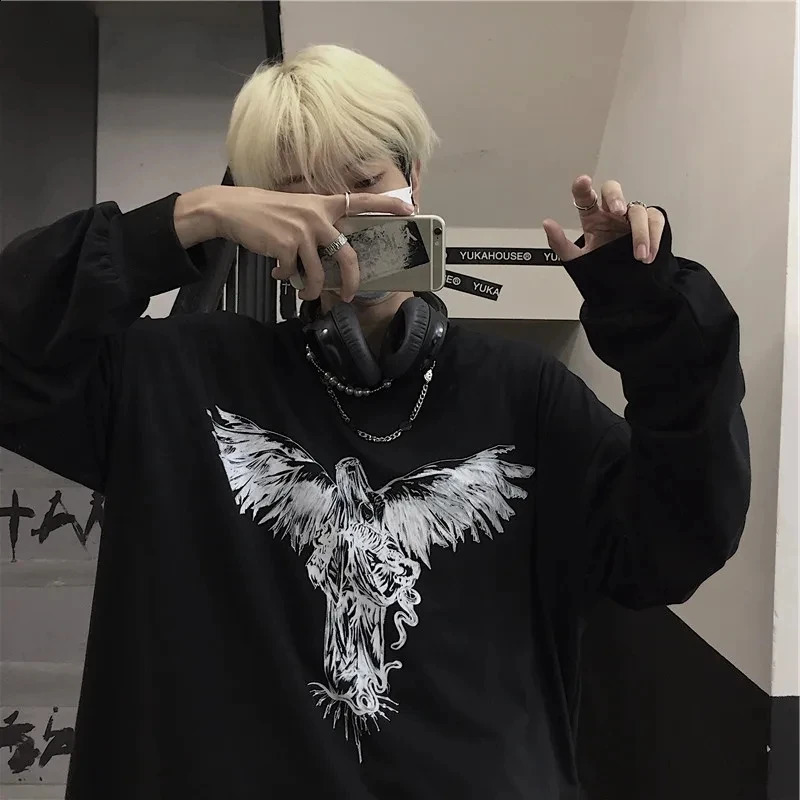 Mens long sleeved T-shirt unisex printed Hip pop street bag retro T-shirt gothic casual mens Y2k street top 250117