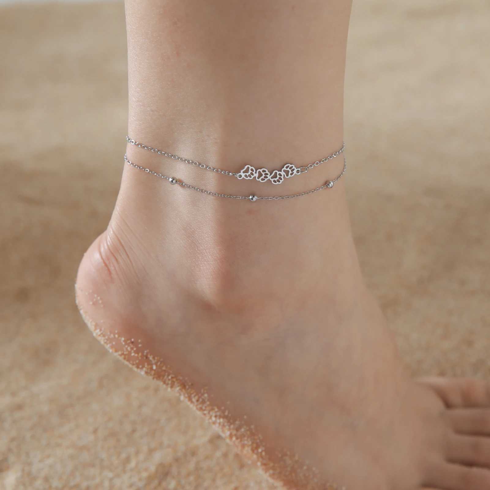 Cazador Animal Cat Dog P Anklets for Women Stainl Steel Double Layer Beads Foot Bracelet on the Leg Summer beach JewelryXJ250121
