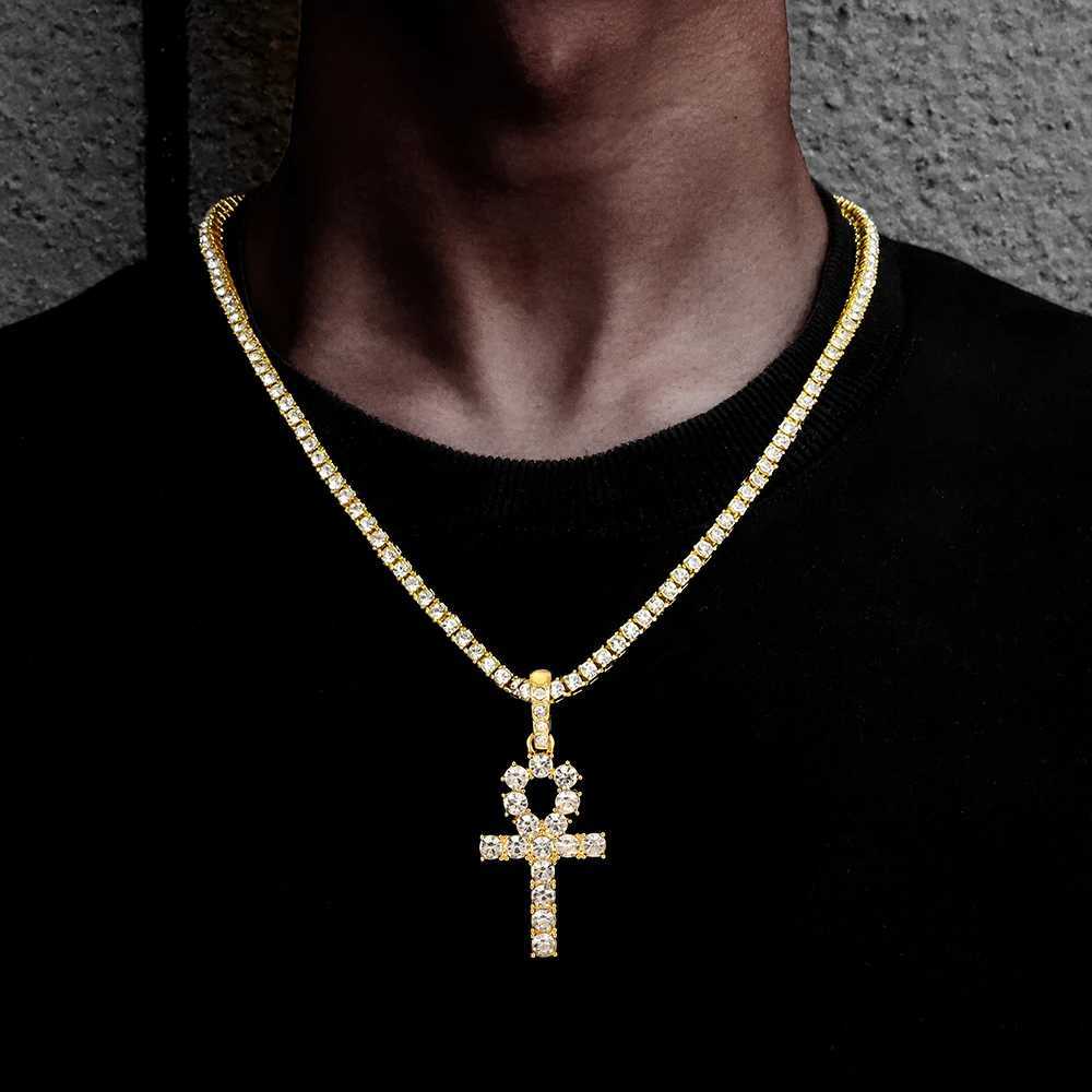 Iced Out Ankh Cross Pendant With 4mm Tennis Chain Necklace Good Luck Sparkling Hip Hop Creative Jewelry for Men Women GiftXJ250121
