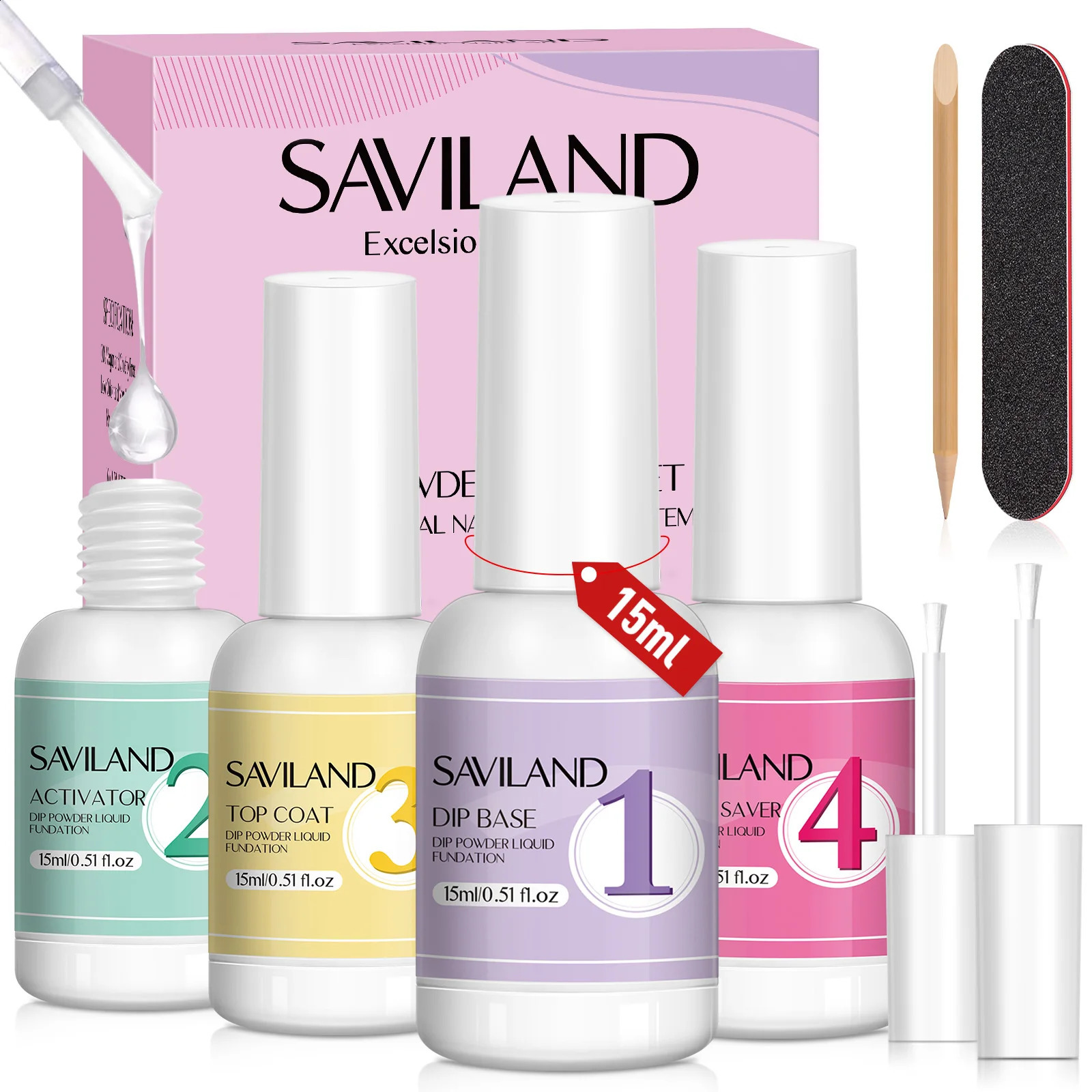SAVILAND 15ml Dipping Powder System Liquid Set Base Top Coat Activator Brush Nail Art Natural Dry Without Lamp Cure Dip Powder 250115